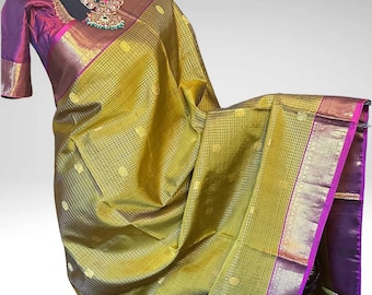 Pure mehandi green purple kanjivaram silk saree with prestitched blouse