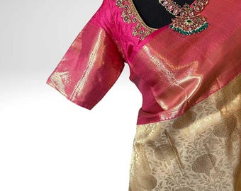 Gold Beige Kanjivaram Silk Saree: Embroidered Blouse, Pure Zari
