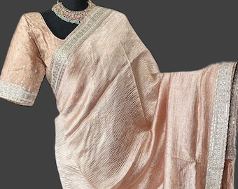Pastel tissue crushed silk saree with embroidered blouse easy drape online shopping usa