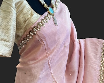 Hand embroidered georgette tissue saree with stitched blouse- party wear
