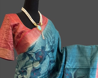 Teal Blue tussar saree printed Tussar pure silk saree online gold zari border lines pallu and prestitched blouse