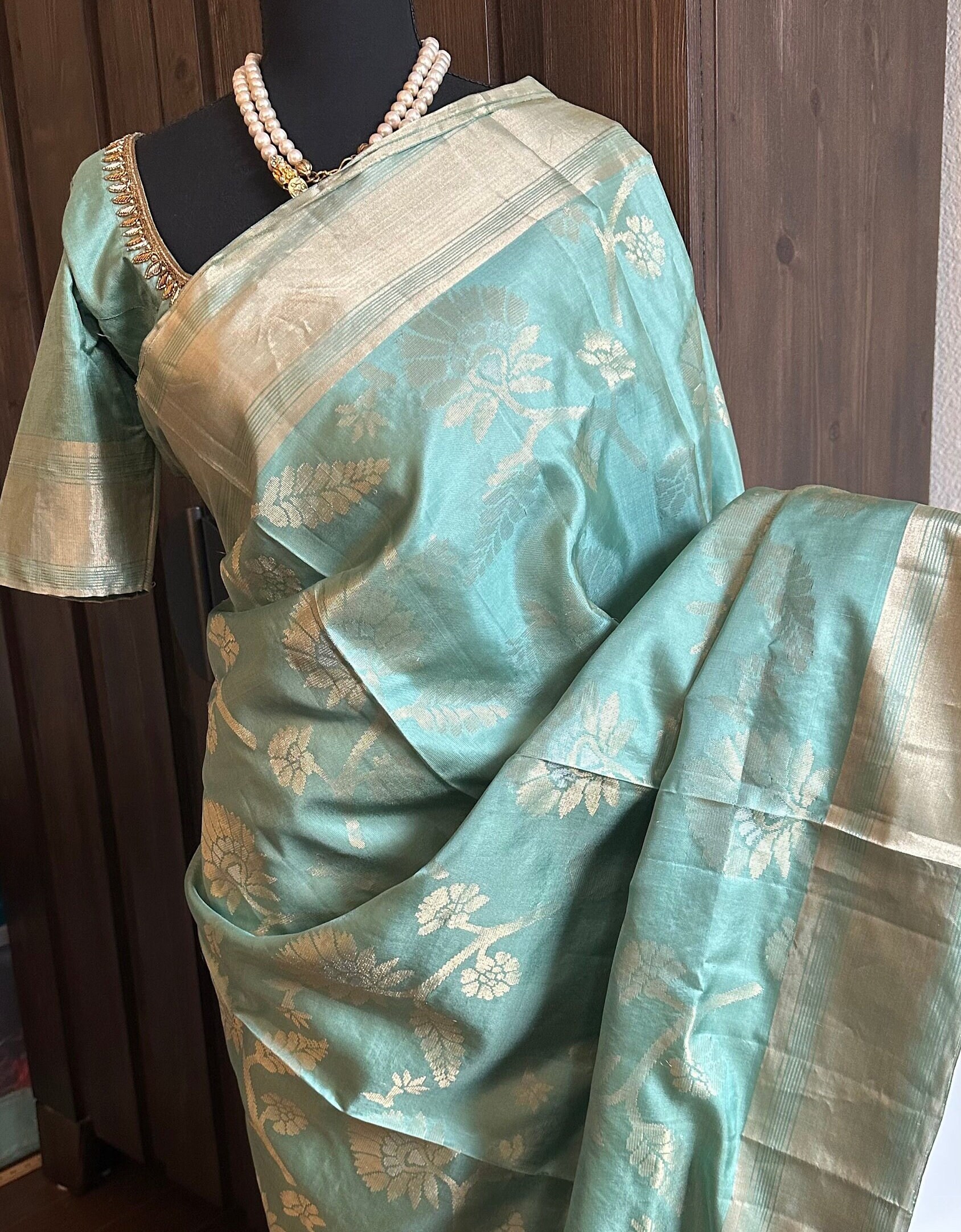 Soft Silk Saree - Coral x Green main image 1