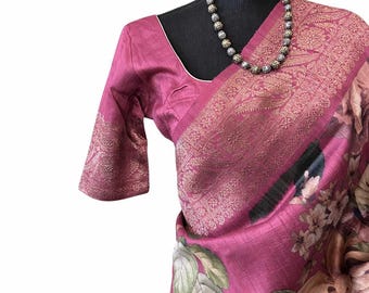 Shade of Magenta Tussar Katan silk saree online shopping with stitched blouse