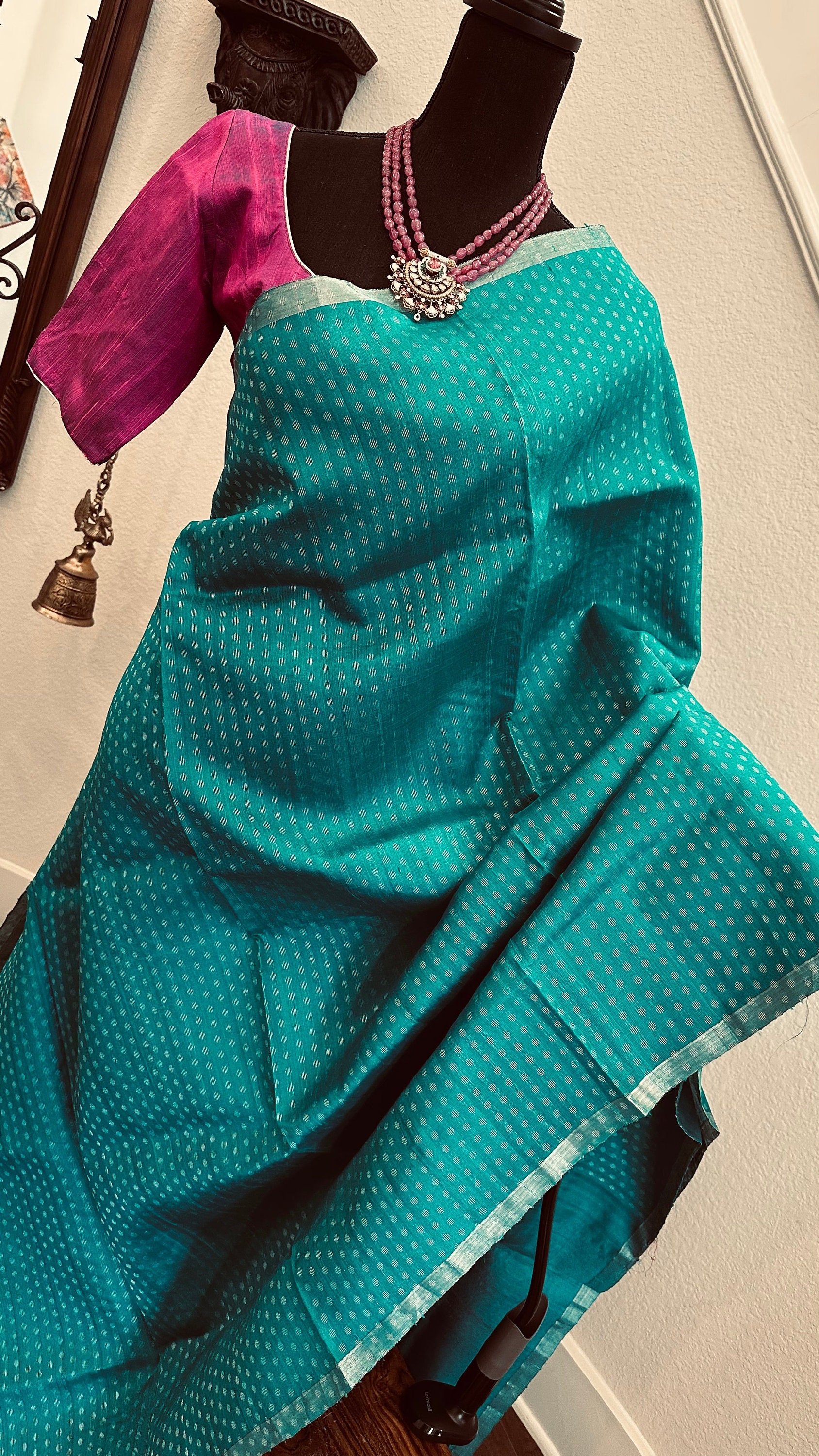 Women's Silk Blend Teal green Printed Designer Saree With Blouse Piece