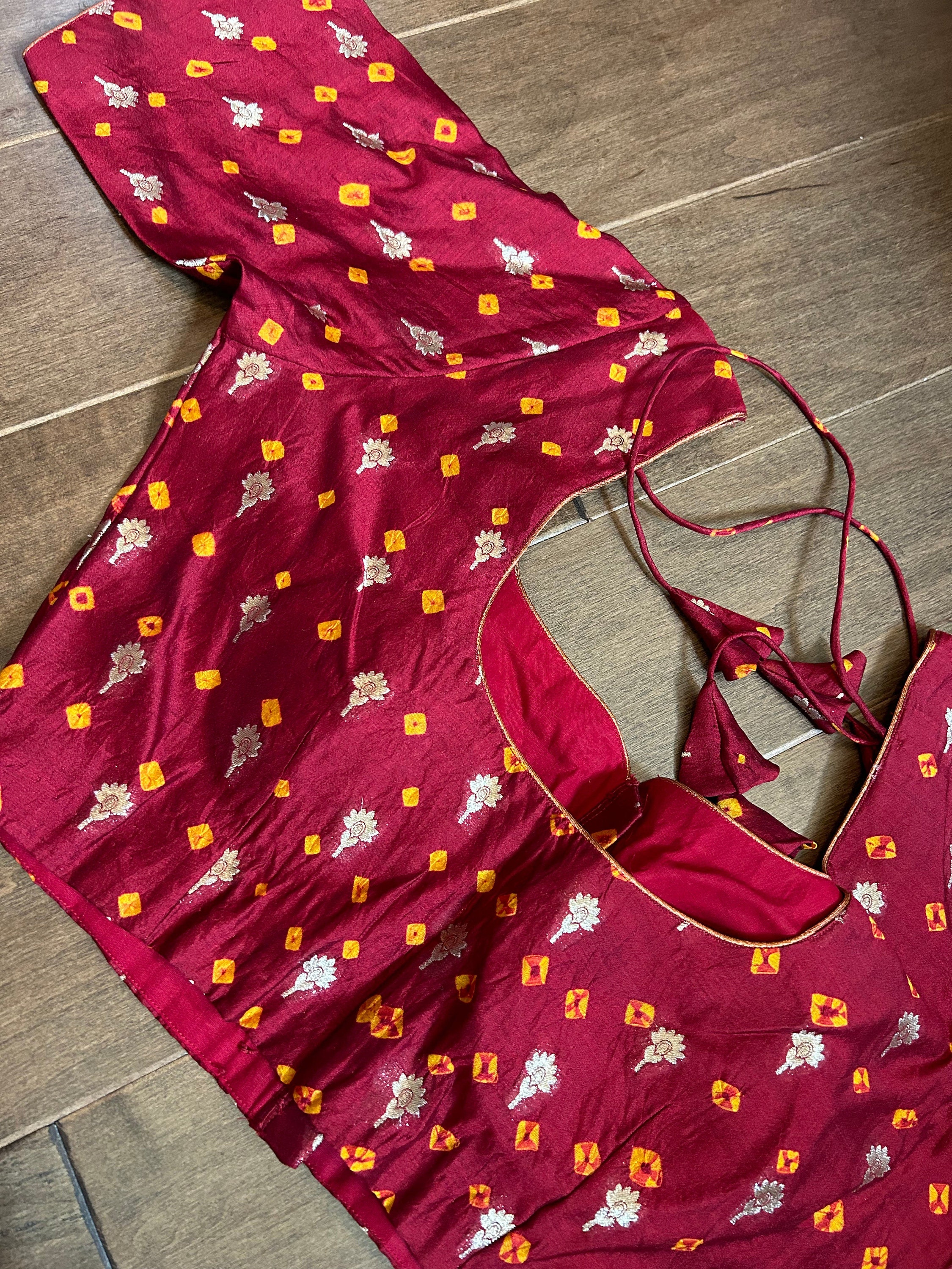 Dark purple original bandhini dyed pure cotton unstitched salwar material, bead& faux mirror work on yoke(lining needed)matching original bandhini dyed pure cotton bottom, original bandhini dyed pure cotton dupatta. CODE MR253101