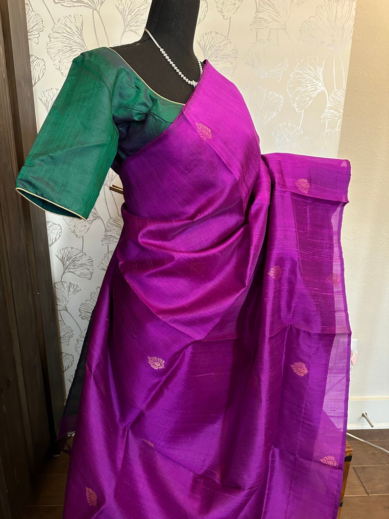 Purple Pure Raw Silk Saree With Copper Motifs Contrast Blouse - Etsy