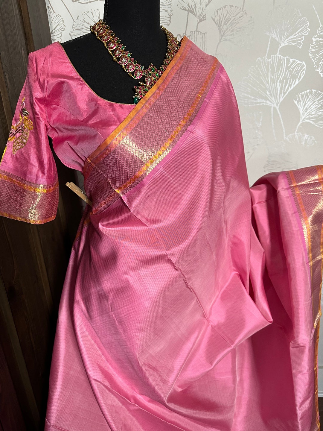 Pastel Pink Kanchi Pattu Saree Online Usa With Stitched Blouse Etsy
