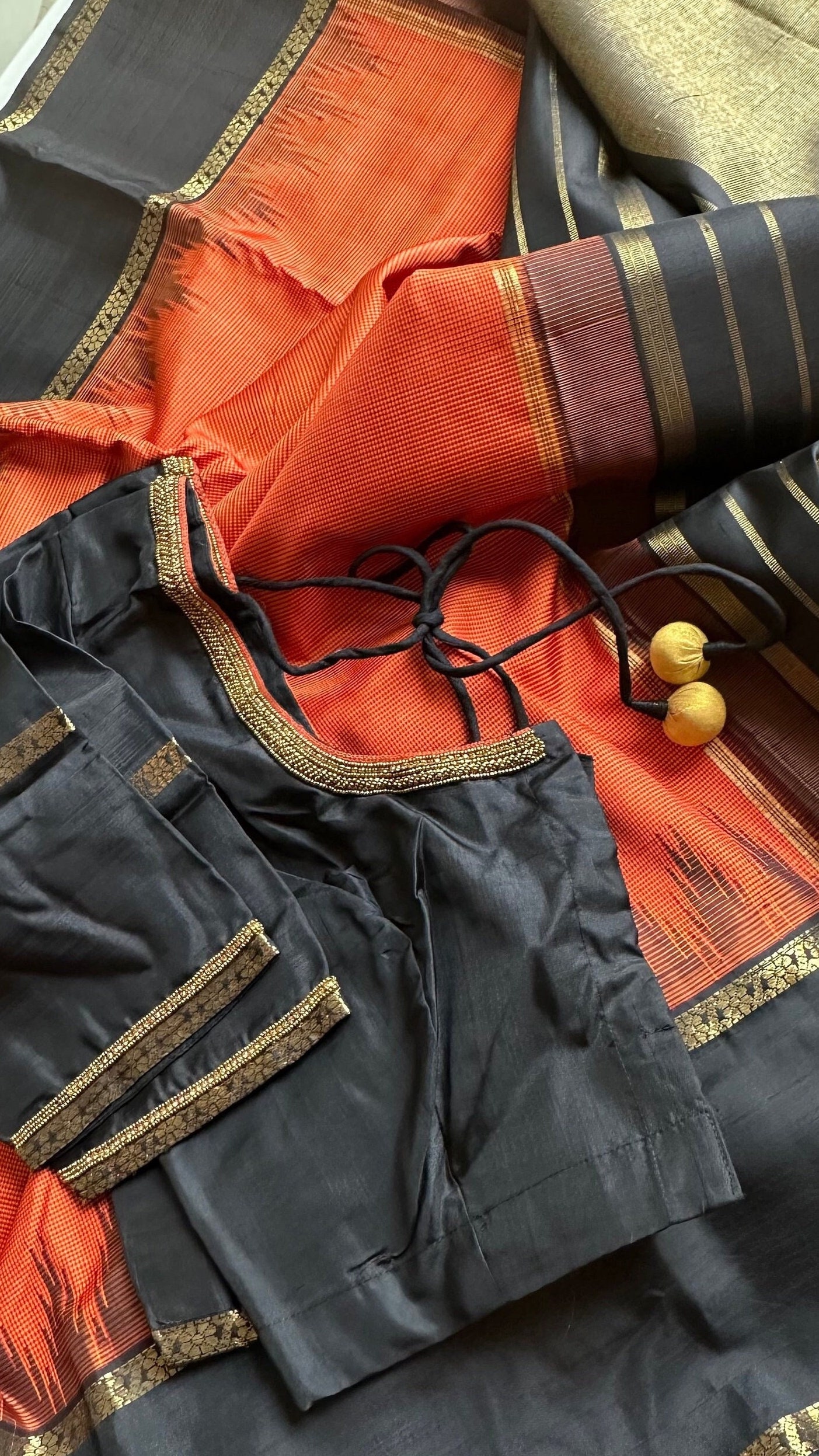 Orange Plain Linen Saree With Silver Border - Loomfolks