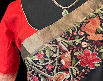 Black soft silk kanjivaram’s prestitched blouse border
