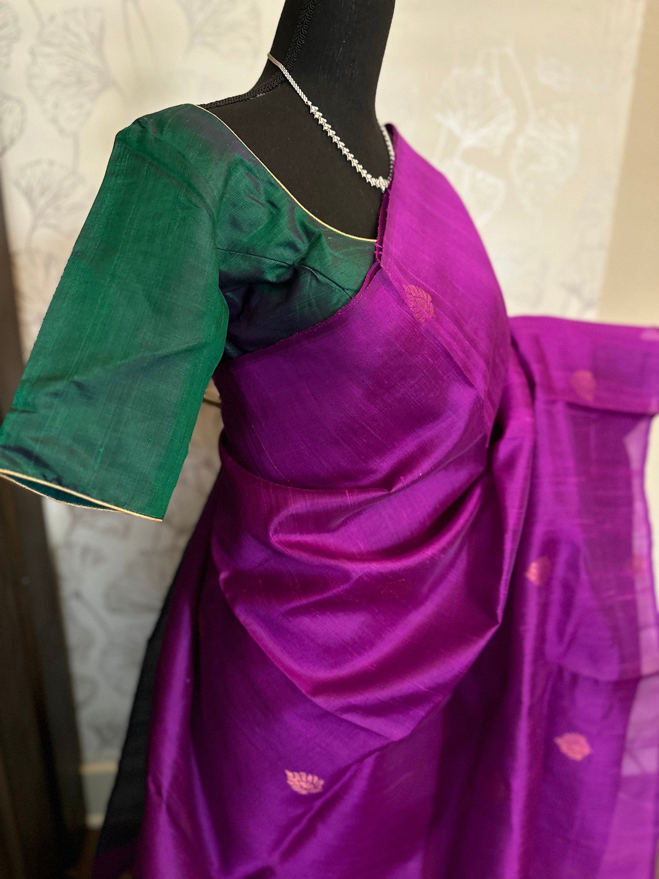 Purple Pure Raw Silk Saree With Copper Motifs Contrast Blouse - Etsy