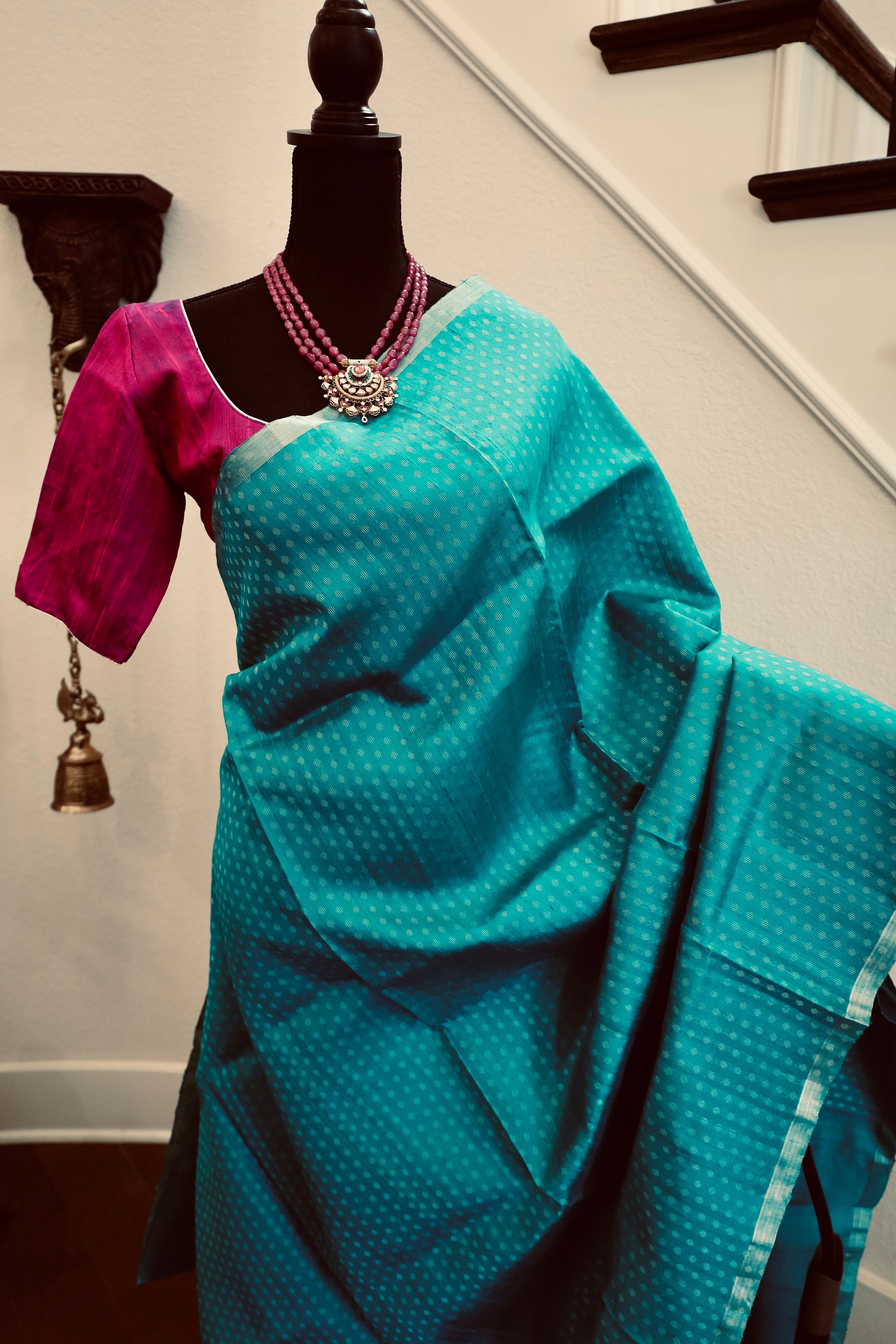 New Stunning Teal Green Printed Silk Saree With Ready to Wear Blouse