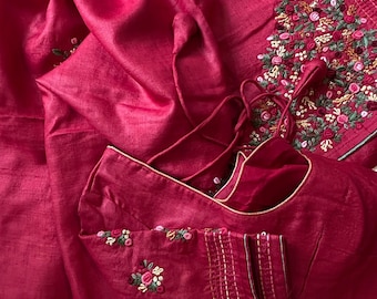 Pink knot embroidered tussar saree online usa with stitched blouse