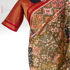May include: A traditional Indian saree with a detailed floral pattern in shades of brown, orange, and green. The saree is draped over a mannequin, revealing a red blouse with gold trim and a matching necklace.