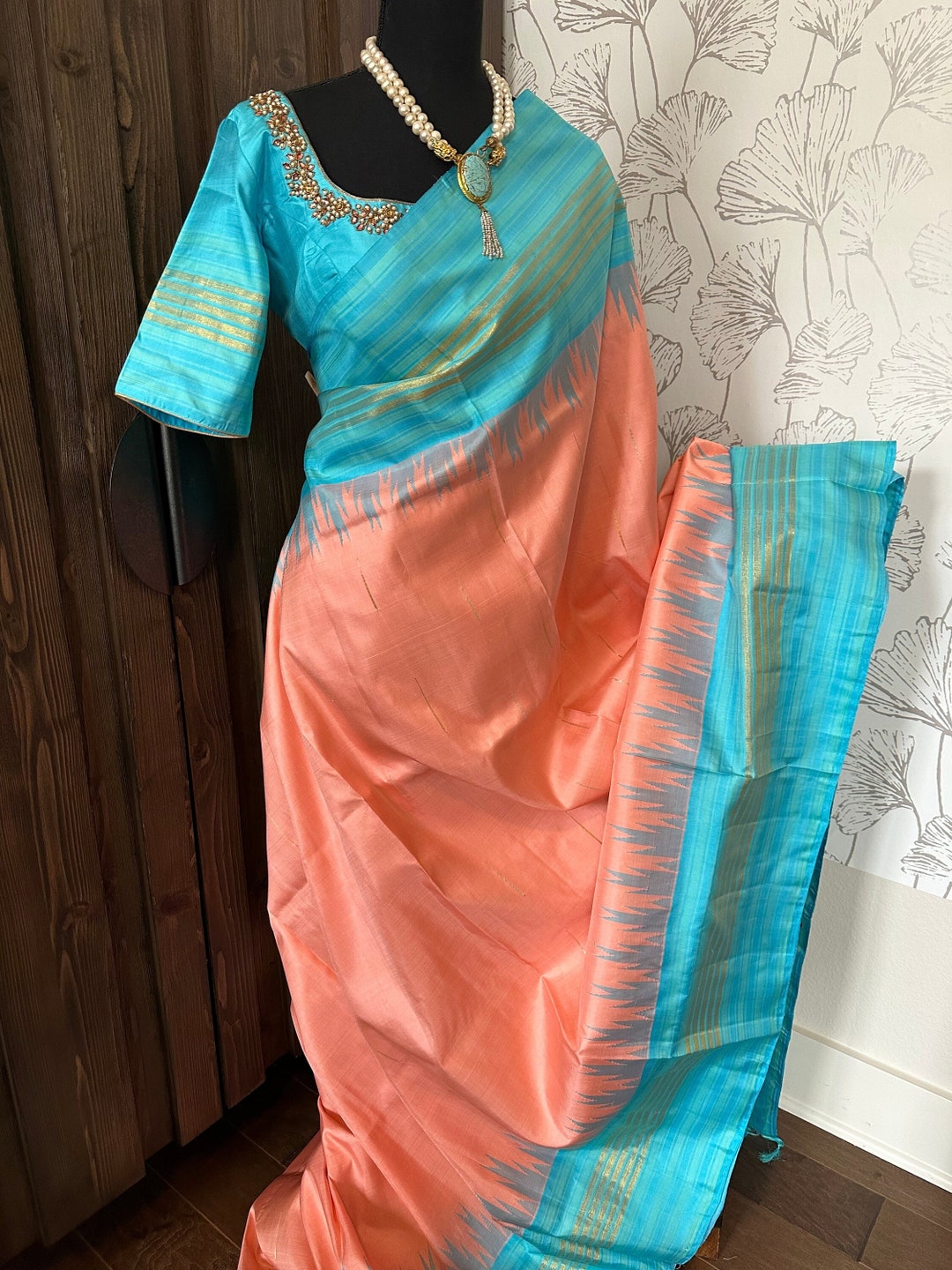 Pastel Salmon Kanchi Pattu Silk Sarees Embroidered Blouses Etsy