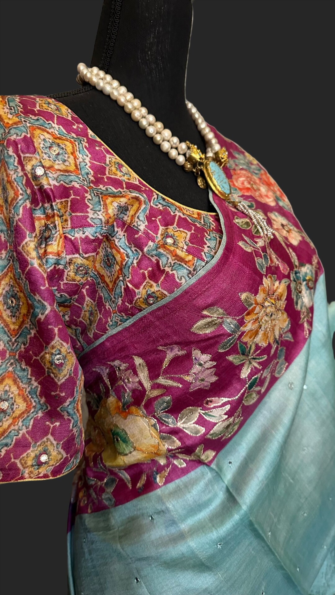 Women's Tussar Silk Light Blue Printed Designer Saree With Blouse Piece