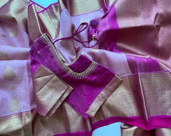 Kanchi Kora Pure zari silk saree with contrast blouse online shopping usa