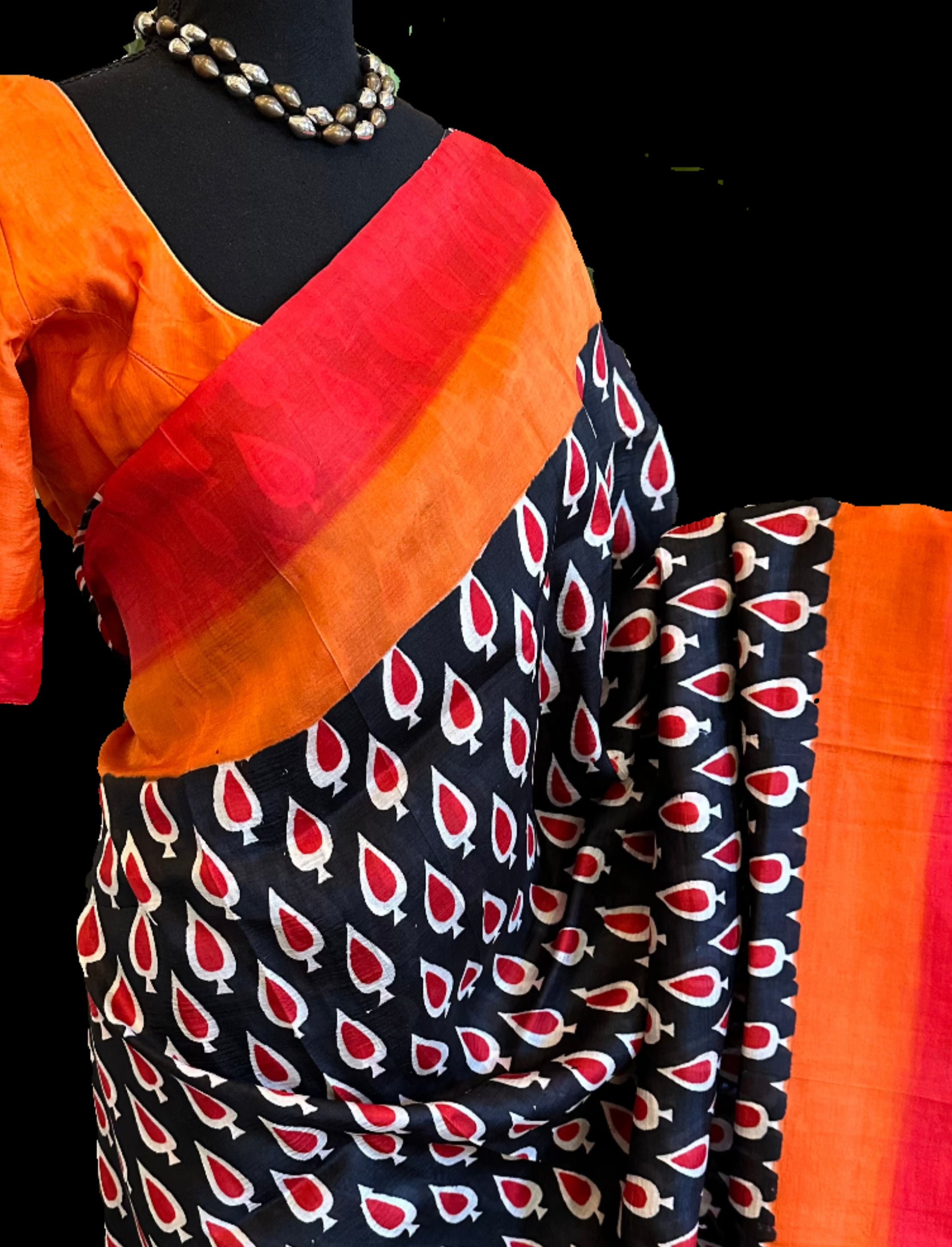 Black Tasar Silk Printed Saree with Shimmering Viscose Red Border main image 1