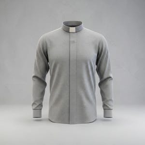 May include: A gray long-sleeve shirt with a textured pattern and a band collar. The shirt features a white tab insert at the collar. The sleeves have buttoned cuffs. The shirt is displayed on a neutral background.