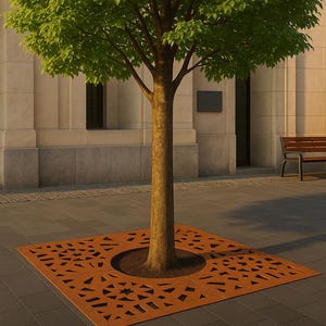 Modernt trapetsformat trädgaller i cortenstål | Lövdesignat trädskydd för trottoarer och stadslandskap