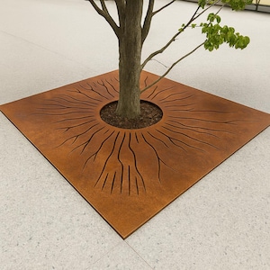 Modernt trapetsformat trädgaller i cortenstål | Lövdesignat trädskydd för trottoarer och stadslandskap