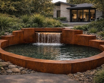 特注コルテン鋼製リフレクションプール – 円形建築物