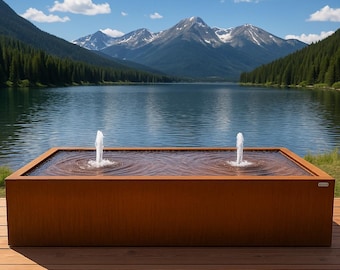 Corten Steel Water Fountain: Modern Rectangular Outdoor Feature with LED Lighting