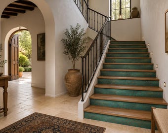 Custom Copper Patina Stair Risers | Verdigris Coast, Aged Copper Noir Finishes