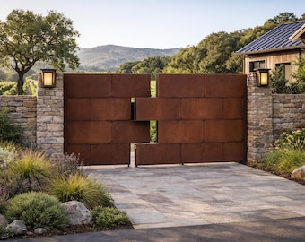 モダンなコルテン鋼製プライバシーゲート | カスタム建築用金属製エントランス | 現代的な住宅用ドライブウェイゲート