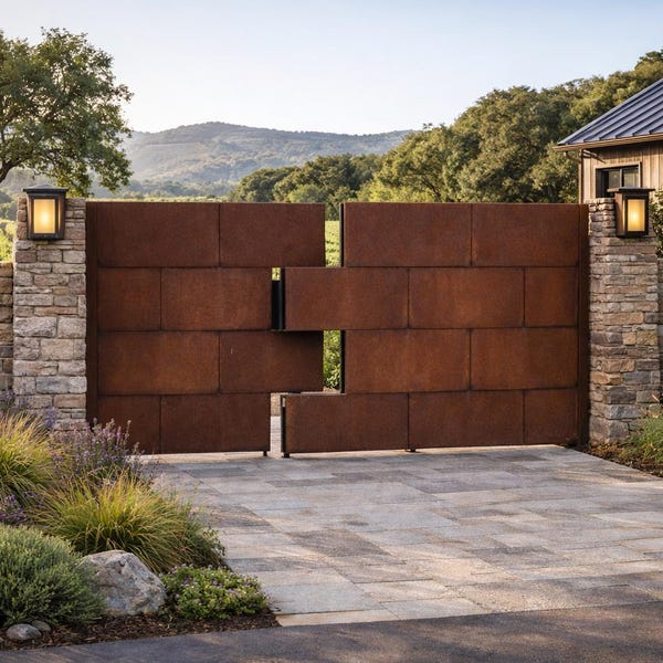 Modern Corten Steel Privacy Gate | Custom Architectural Metal Entrance | Contemporary Estate Driveway Gate