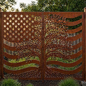 Custom American Flag Tree of Life Privacy Screen, Corten Steel Garden Art
