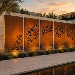 Quadro de parede em aço Corten com pássaros em voo, divisória metálica para privacidade externa, painel de cerca moderno para jardim, decoração personalizada para pátio.