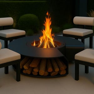 Modern Circular Fire Pit with Built-In Wood Storage – Nesting Design for Outdoor Luxury by H&P Building