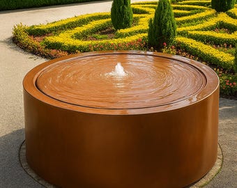 Modern Corten Steel Water Fountain: Round Outdoor Cascade, 36"D
