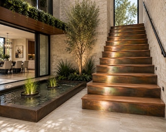 Custom Copper Patina Stair Risers | Verdigris Coast, Aged Copper Noir Finishes