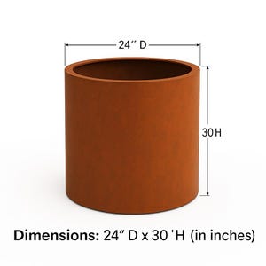 May include: A rusty brown metal planter with a cylindrical shape. The planter is 24 inches in diameter and 30 inches tall. Dimensions: 24" D x 30" H (in inches)