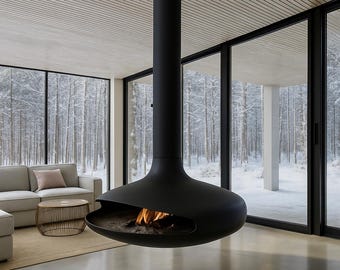 Luxury Hanging Fireplace – Modern Suspended Fireplace, 360 Rotating (wood-burning only), Wood or Gas, Floating Ceiling-Mounted Fire Feature