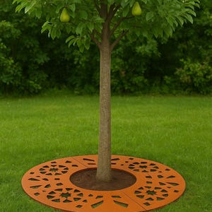 May include: A young pear tree with green pears hanging from its branches. The tree trunk is surrounded by a circular, orange-brown tree ring with decorative cut-out patterns, set on a green lawn.