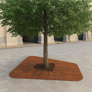 May include: A mature tree with green leaves and a brown trunk is surrounded by a rust-colored metal tree grate. The grate has a square opening around the base of the tree and root-like cutouts extending outward.