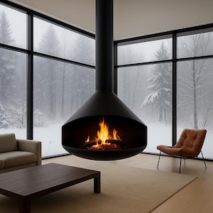 Modern Suspended Black Fireplace – Hanging Gas Fireplace for Luxury Living Room & Contemporary Interiors