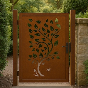 Contemporary Dual Metal Garden Gate – Modern Custom Art Entry Gate – Laser Cut Steel Pedestrian Walk-Through Design