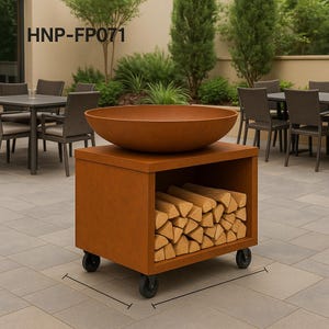 Corten Steel Fire Pit with Wood Storage & Wheels - 30 inch Fire Bowl