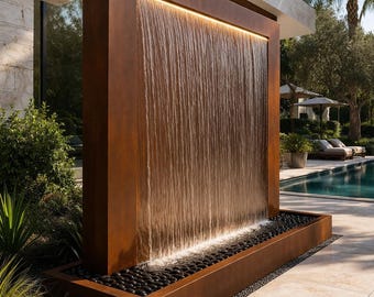 特注コルテン鋼製ウォーターウォール噴水｜建築的な屋外水景設備