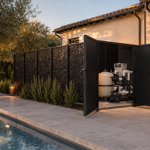 Corten Steel Pool Equipment Enclosure | Custom Decorative Metal Screen & Pool Pump Cover