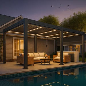 Custom size, Modern Pergola with Motorized Shade and Integrated LED Lighting – Black Finish