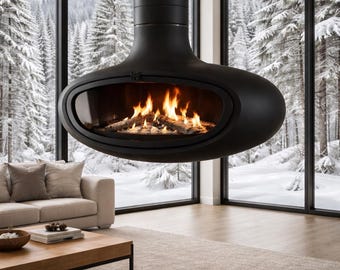 吊り下げ式モダン暖炉 – 特注高級吊り下げ式ガス暖炉 – マットブラックスチール – 建築的な存在感を放つ逸品