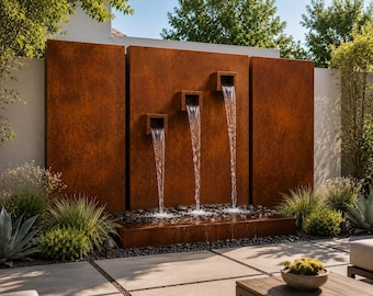 May include: A large outdoor water fountain featuring three rectangular panels with a rusted metal finish. Three square spouts are arranged in a diagonal line, each pouring a steady stream of water into a basin filled with dark river stones.