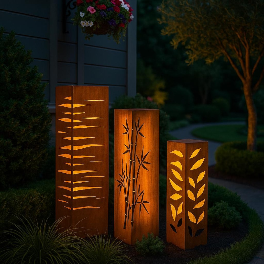 Corten Steel Solar Garden Lights: Laser-cut Bamboo, Lines & Leaves