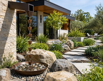 Corten Steel Rain Chain Basin | Modern Landscape Bird Bath, Water Feature Bowl
