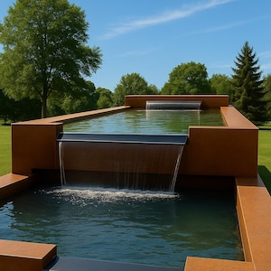Könnte beinhalten: Ein mehrstufiges Wasserspiel mit Kaskadenwasserfällen. Die Struktur besteht aus braunem Material und ist mit blaugrünem Wasser gefüllt. Üppige grüne Bäume und Gras umgeben das Wasserspiel unter einem klaren blauen Himmel.