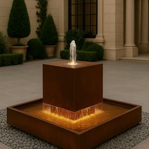 Modern Corten Steel Water Feature – Custom 30” Cube with 48” x 48” x 12” Basin
